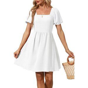 Ofeefan Women White Puff Sleeve Square Neck Tie in Back Dresses with Zipper